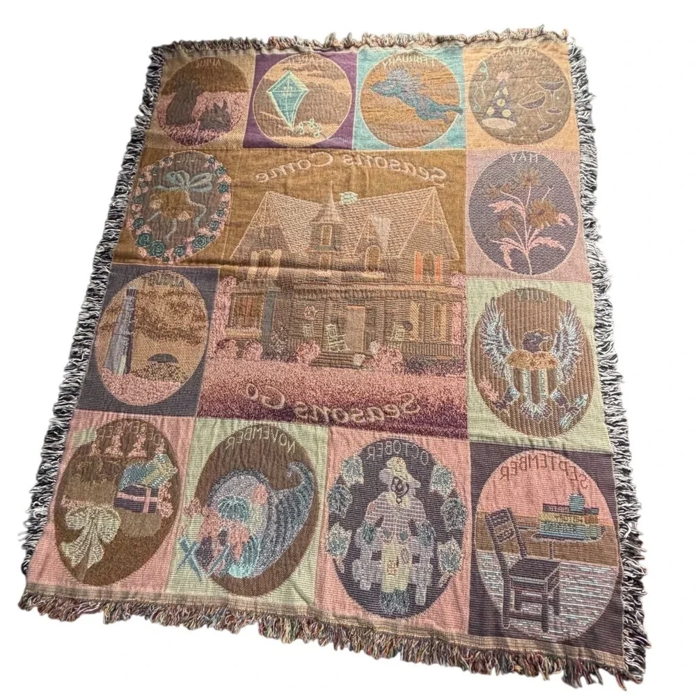 VTG Seasons Come Seasons Go Woven Tapestry Throw Blanket Monthly Farmhouse 52x68